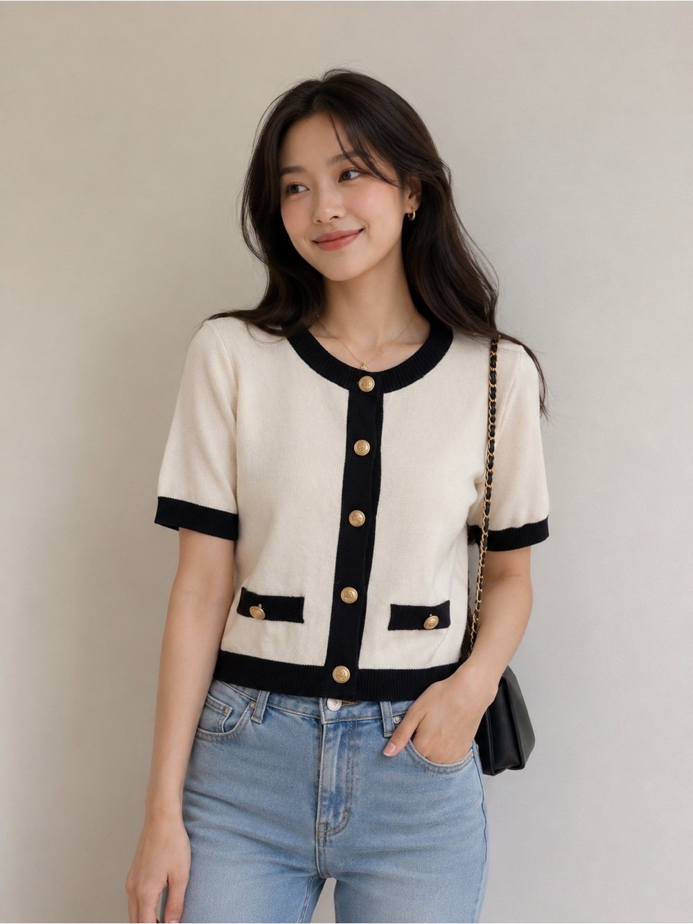 H&M Cream Short Sleeve Knit Top with Black Trim and Gold Buttons